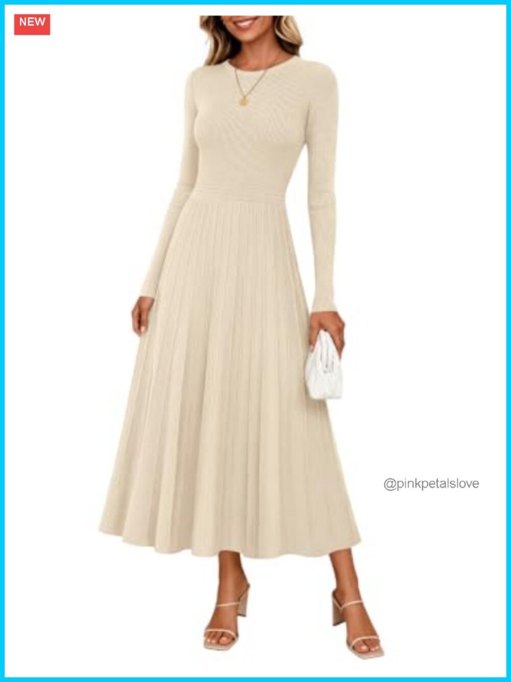 Pleated Ribbed Knit Midi Sweater Dress Long Sleeve Crewneck